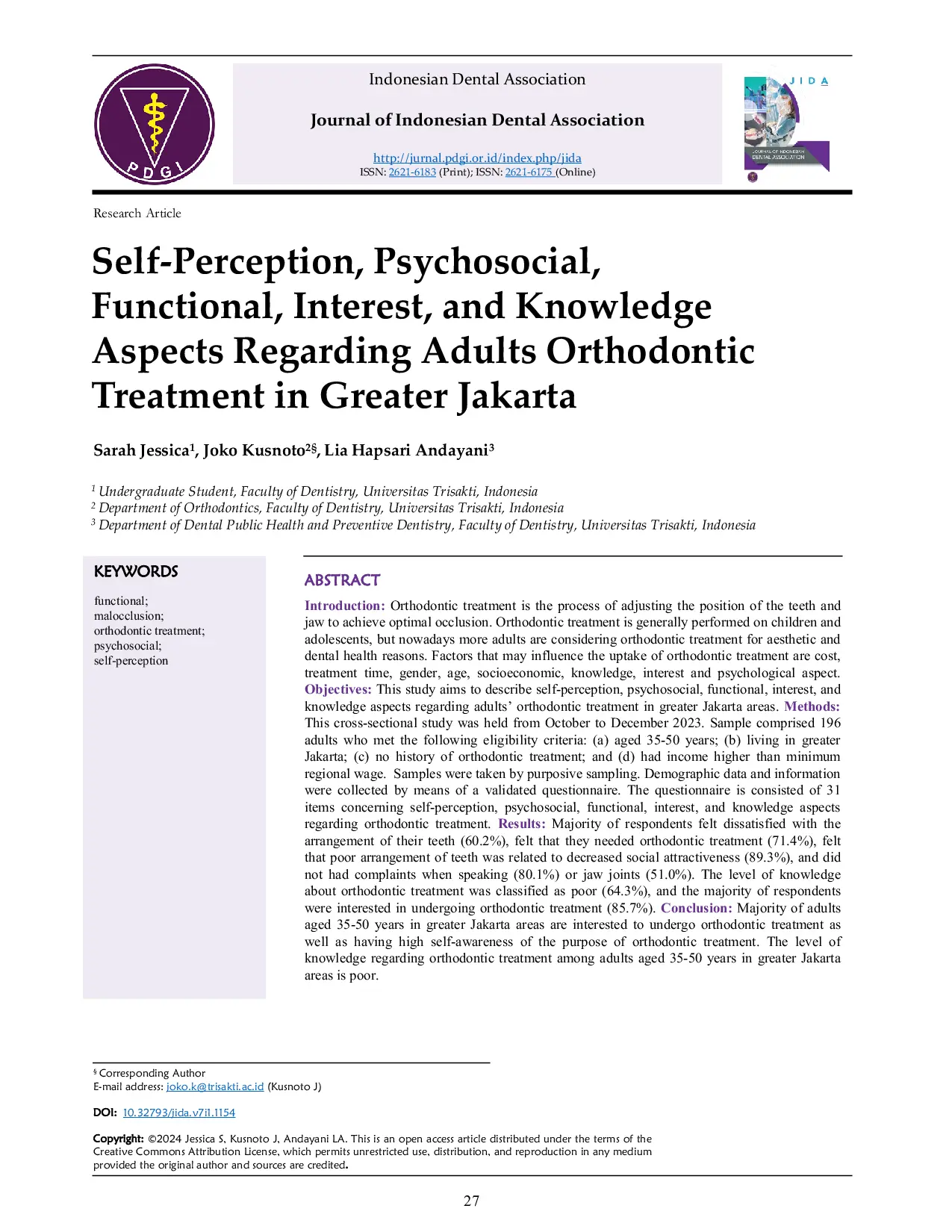 JURIS Self Perception Psychosocial Functional Interest and Knowledge Aspects Regarding Adults Orthodontic Treatment in Greater Jakarta