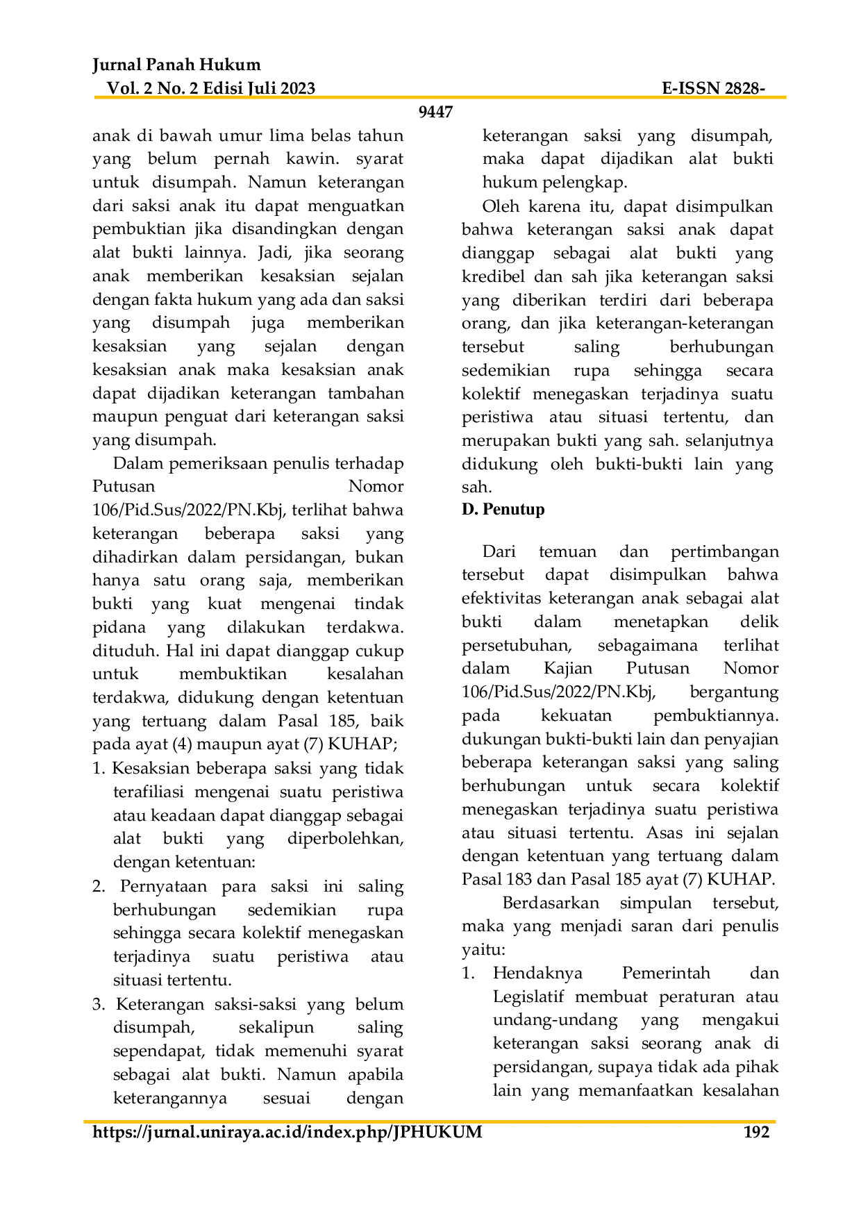 JURIS Kekuatan Alat Bukti Keterangan Anak Dalam Pembuktian Tindak Pidana Persetubuhan