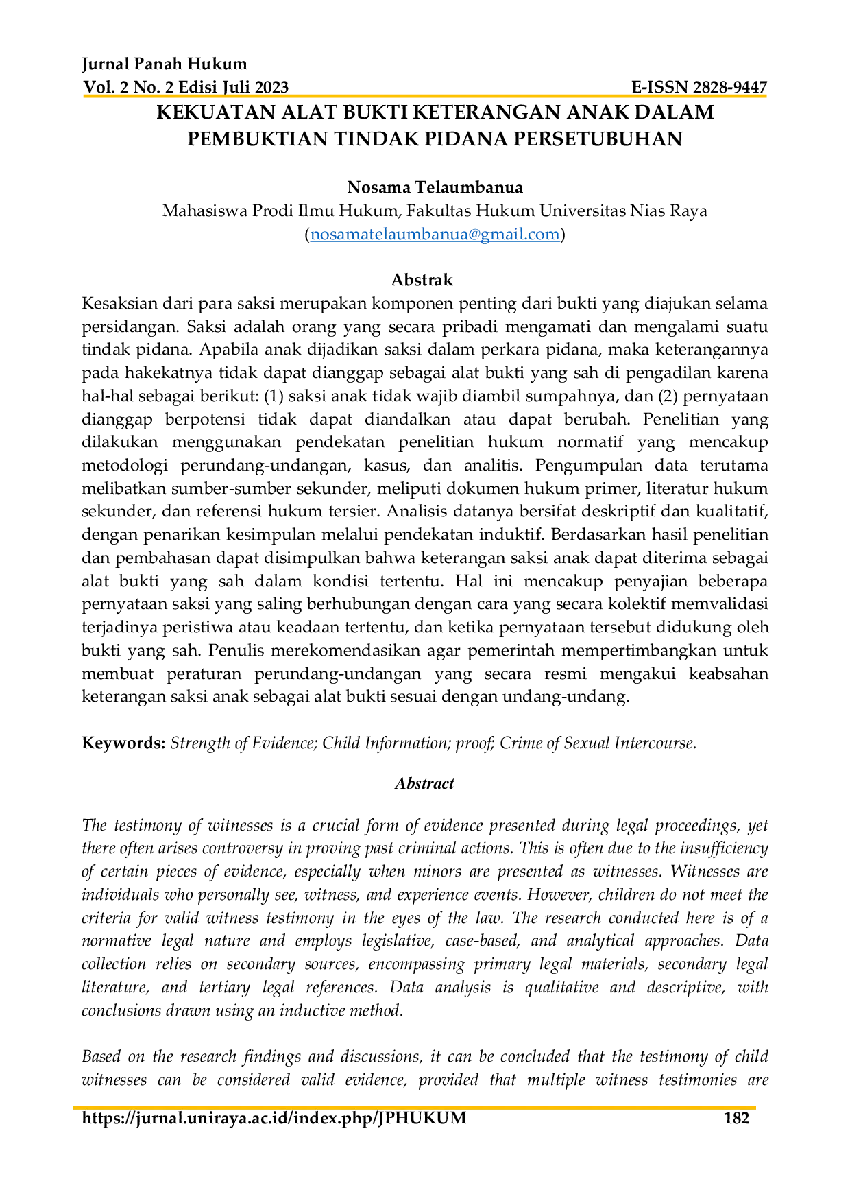 JURIS Kekuatan Alat Bukti Keterangan Anak Dalam Pembuktian Tindak Pidana Persetubuhan