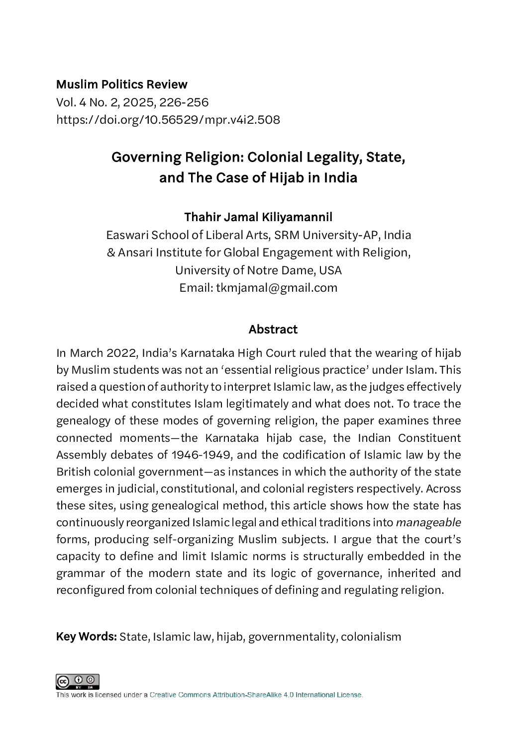 JURIS Governing Religion Colonial Legality State and the Case of Hijab in India