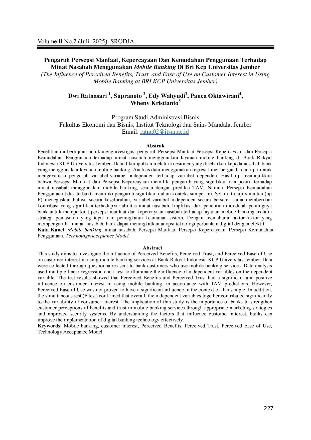 JURIS Pengaruh Persepsi Manfaat Kepercayaan Dan Kemudahan Penggunaan Terhadap Minat Nasabah Menggunakan Mobile Banking Di Bri Kcp Universitas Jember