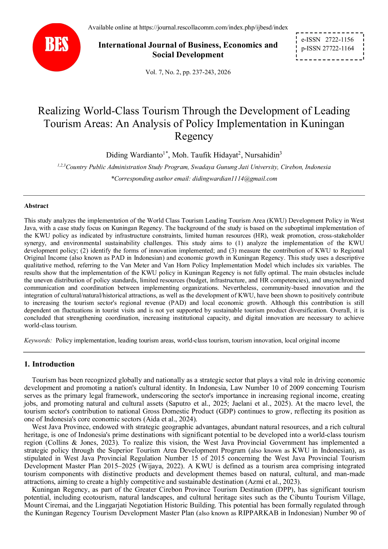 JURIS Realizing World Class Tourism Through the Development of Leading Tourism Areas An Analysis of Policy Implementation in Kuningan Regency