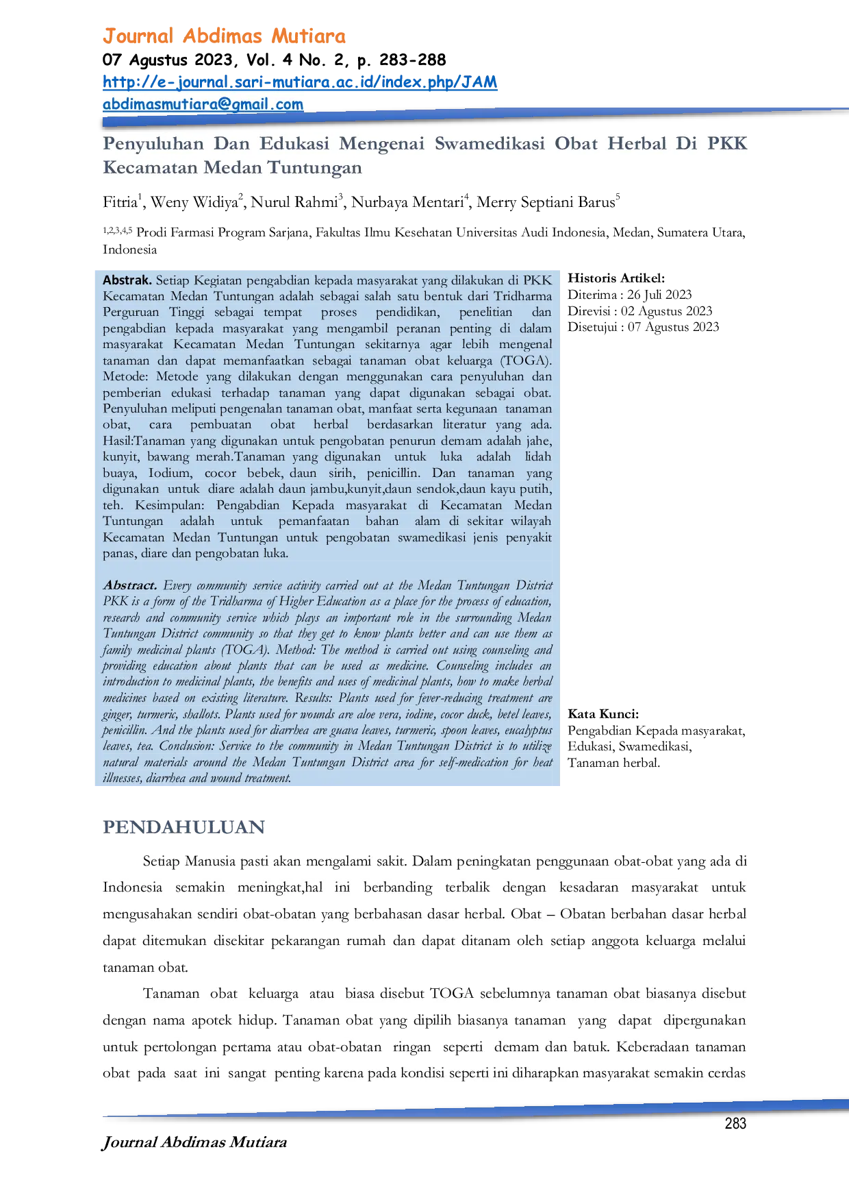JURIS Penyuluhan Dan Edukasi Mengenai Swamedikasi Obat Herbal Di PKK Kecamatan Medan Tuntungan