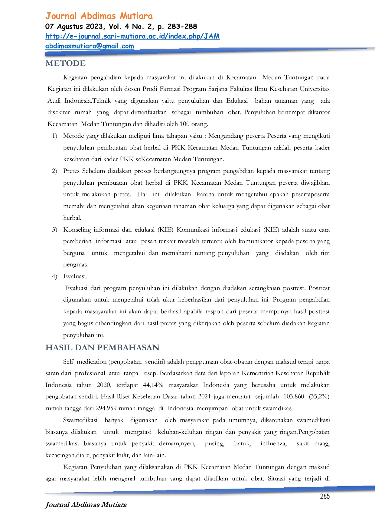 JURIS Penyuluhan Dan Edukasi Mengenai Swamedikasi Obat Herbal Di PKK Kecamatan Medan Tuntungan