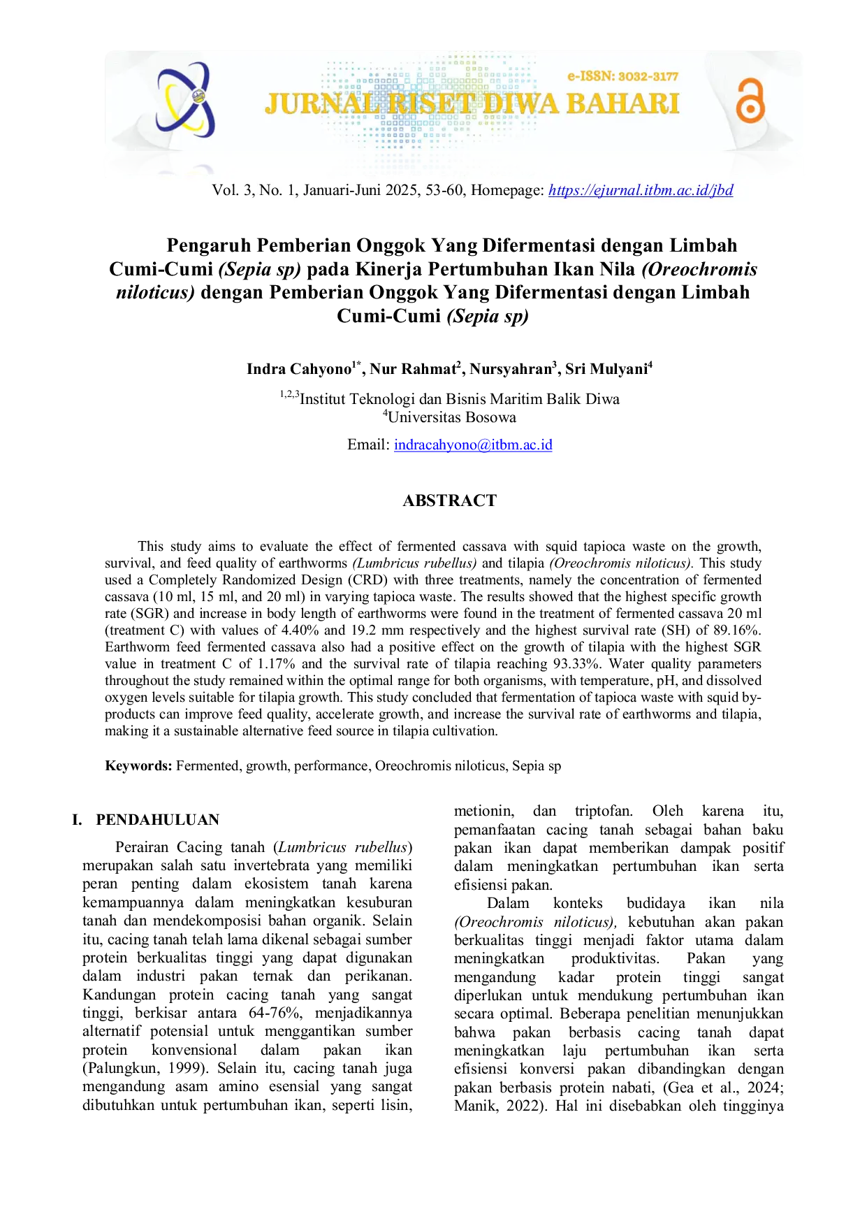 JURIS Pengaruh Pemberian Onggok Yang Difermentasi dengan Limbah Cumi Cumi Sepia sp pada Kinerja Pertumbuhan Ikan Nila Oreochromis niloticus dengan Pemberian Onggok Yang Difermentasi dengan Limbah Cumi C