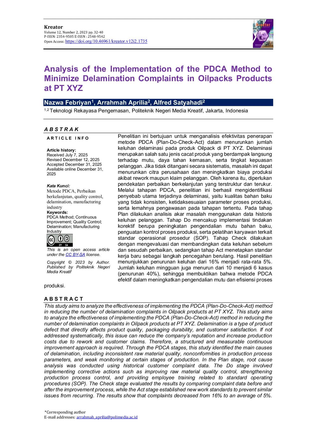 JURIS Analysis Of The Implementation Of The Pdca Method To Minimize Delamination Complaints In Oilpacks Products At Pt Xyz