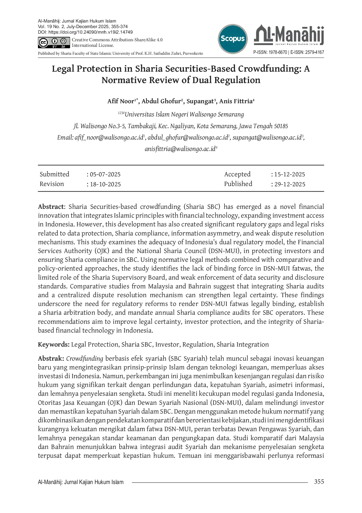 JURIS Legal Protection in Sharia Securities Based Crowdfunding A Normative Review of Dual Regulation