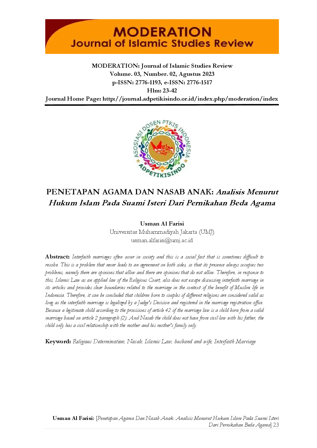 juris PENETAPAN AGAMA DAN NASAB ANAK Analisis Menurut Hukum Islam Pada Suami Isteri Dari Pernikahan Beda Agama