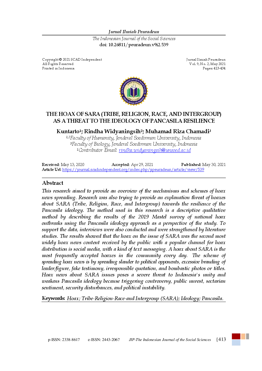 juris The Hoax of SARA Tribe Religion Race and Intergroup as a Threat to the Ideology of Pancasila Resilience