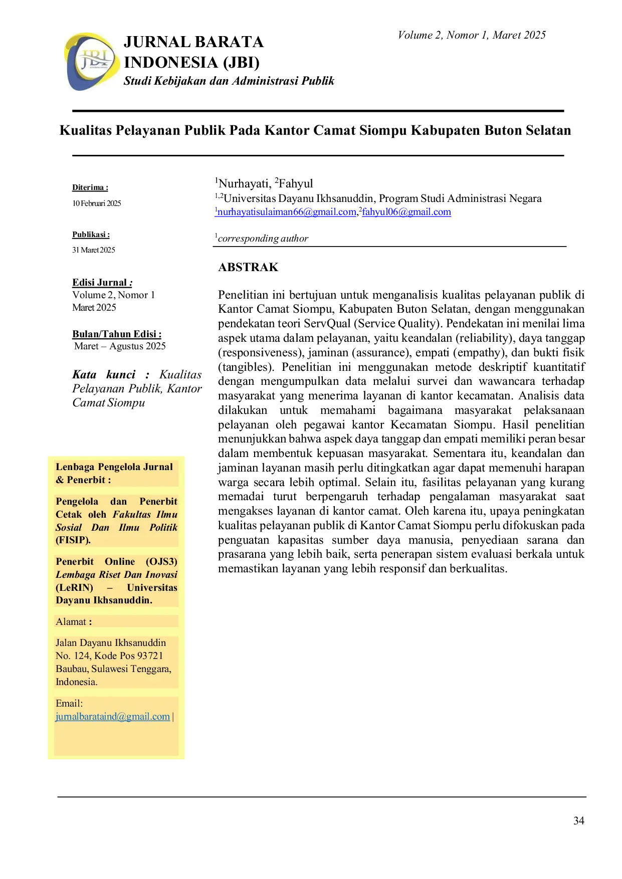 JURIS Kualitas Pelayanan Publik Pada Kantor Camat Siompu Kabupaten Buton Selatan