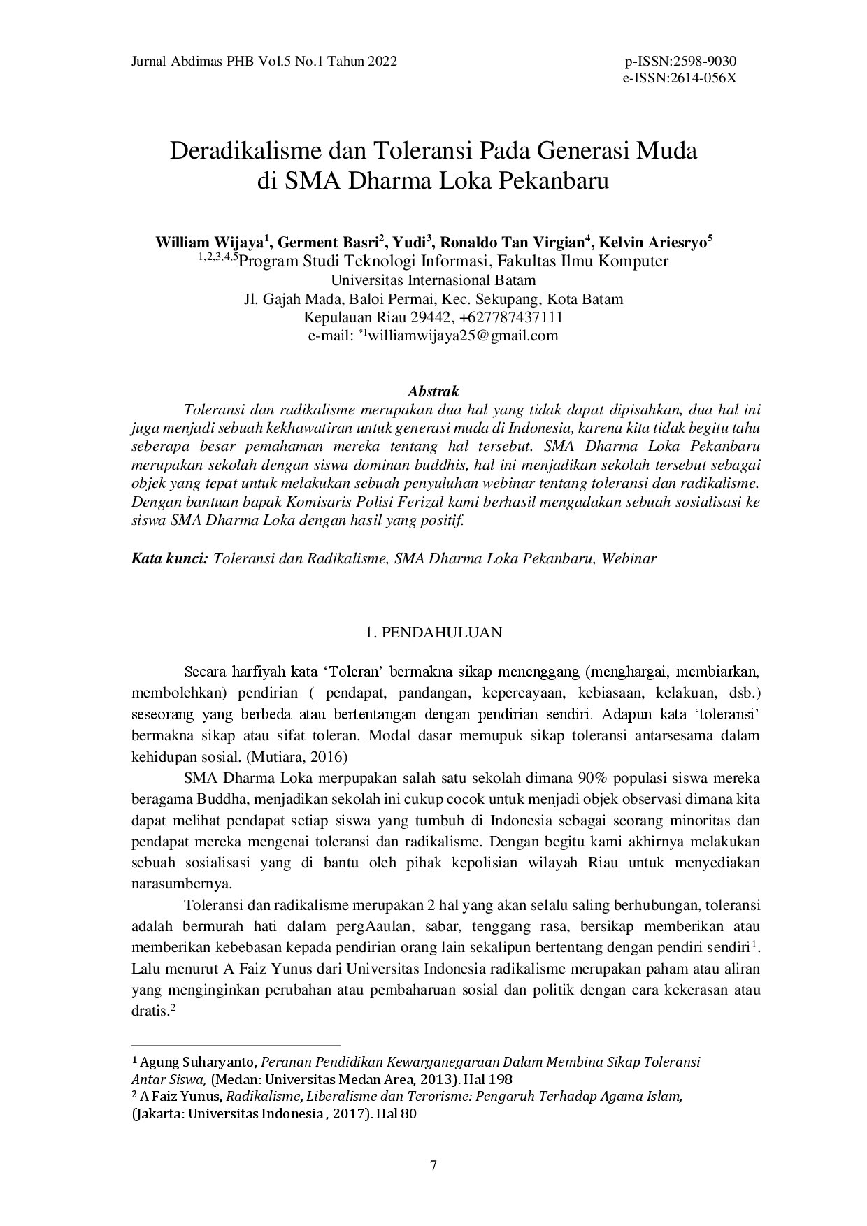 juris Deradikalisme dan Toleransi Pada Generasi Muda di SMA Dharma Loka Pekanbaru