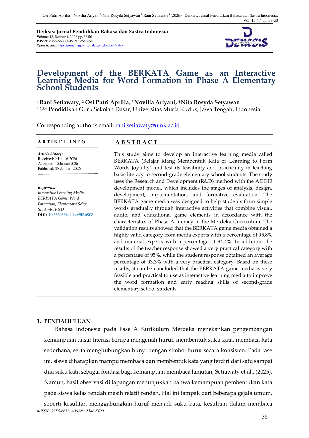 JURIS Development of the BERKATA Game as an Interactive Learning Media for Word Formation in Phase A Elementary School Students