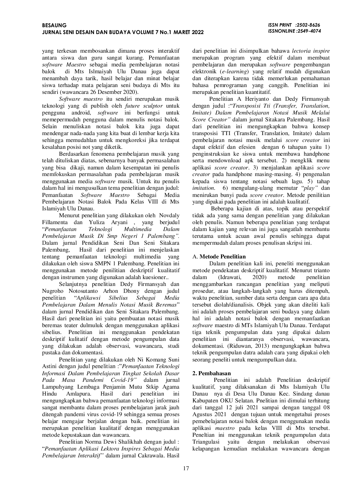 JURIS Pemanfaatan Software Maestro Sebagai Media Pembelajaran Notasi Balok Pada Kelas VIII di MTS Islamiyah Ulu Danau