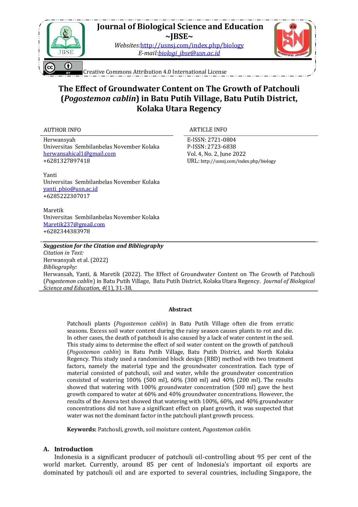 JURIS The Effect of Groundwater Content on The Growth of Patchouli Pogostemon cablin in Batu Putih Village Batu Putih District Kolaka Utara Regency