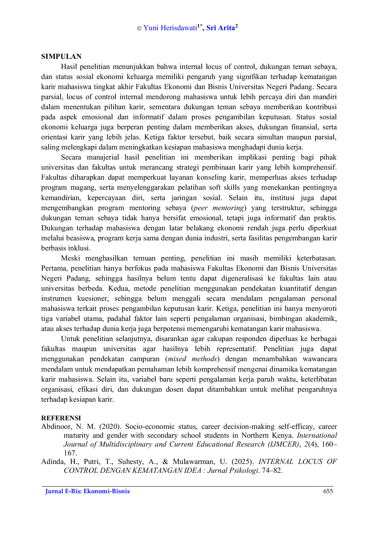 JURIS Internal Locus of Control Dukungan Teman Sebaya Status Sosial Ekonomi Keluarga Terhadap Kematangan Karir Pada Mahasiswa Tingkat Akhir