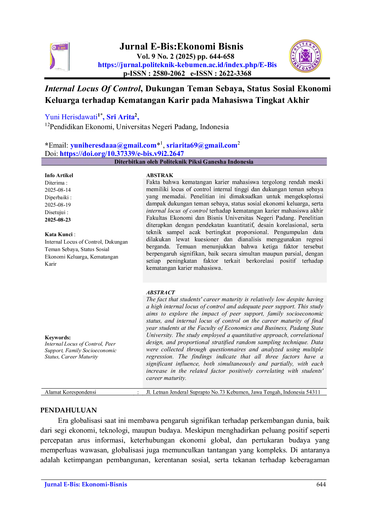 JURIS Internal Locus of Control Dukungan Teman Sebaya Status Sosial Ekonomi Keluarga Terhadap Kematangan Karir Pada Mahasiswa Tingkat Akhir