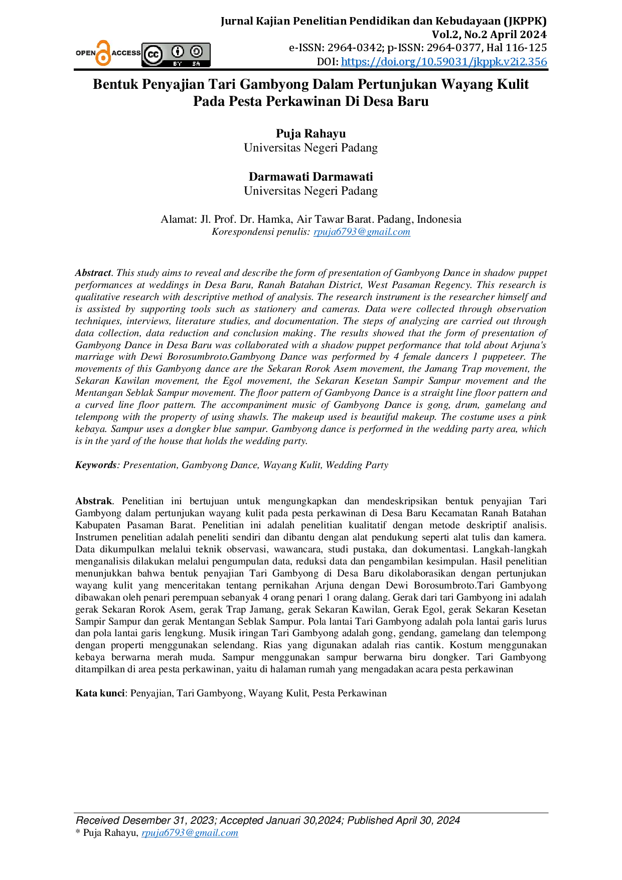 juris Bentuk Penyajian Tari Gambyong Dalam Pertunjukan Wayang Kulit Pada Pesta Perkawinan Di Desa Baru