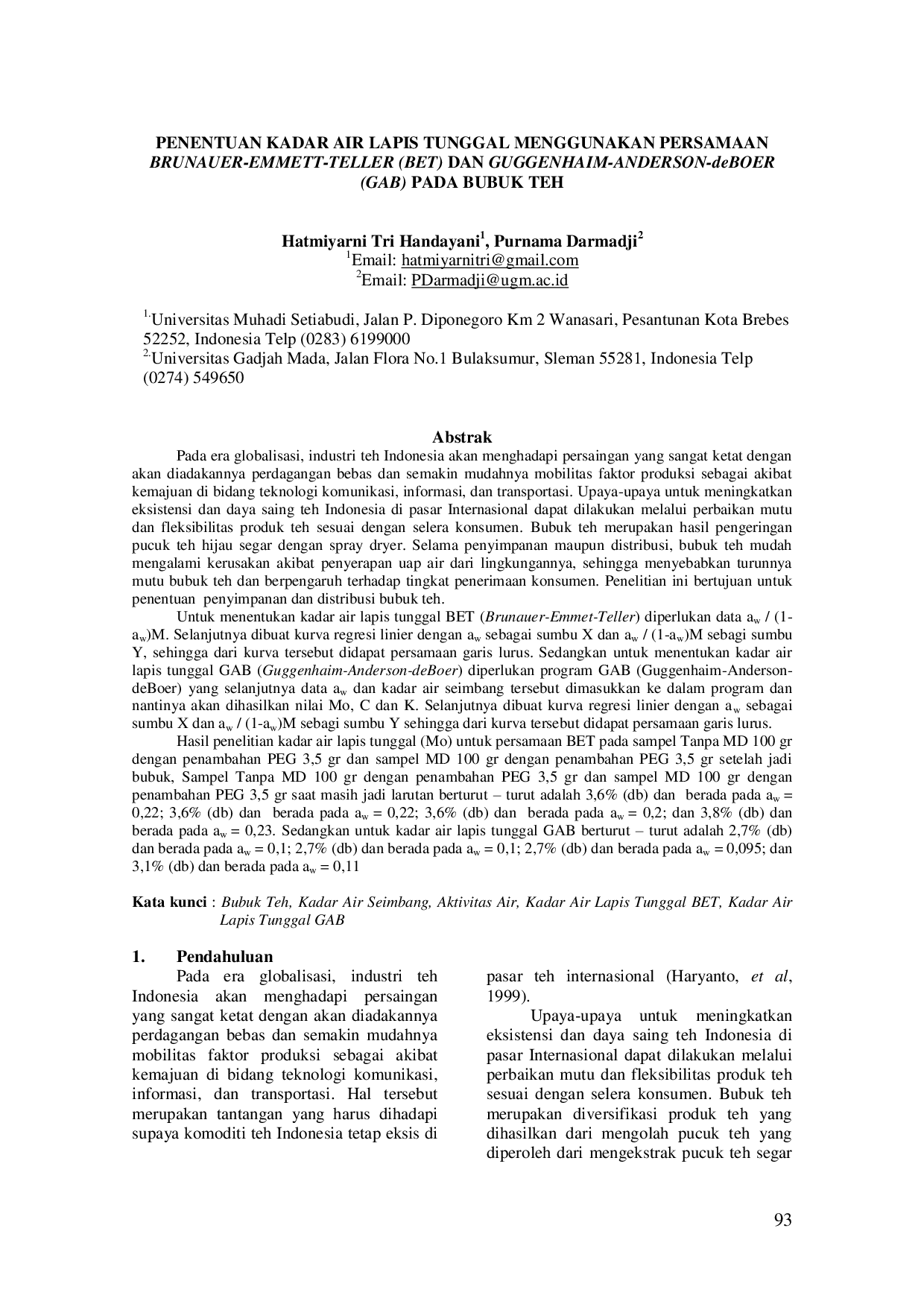 JURIS PENENTUAN KADAR AIR LAPIS TUNGGAL MENGGUNAKAN PERSAMAAN BRUNAUER EMMETT TELLER BET DAN GUGGENHAIM ANDERSON deBOER GAB PADA BUBUK TEH