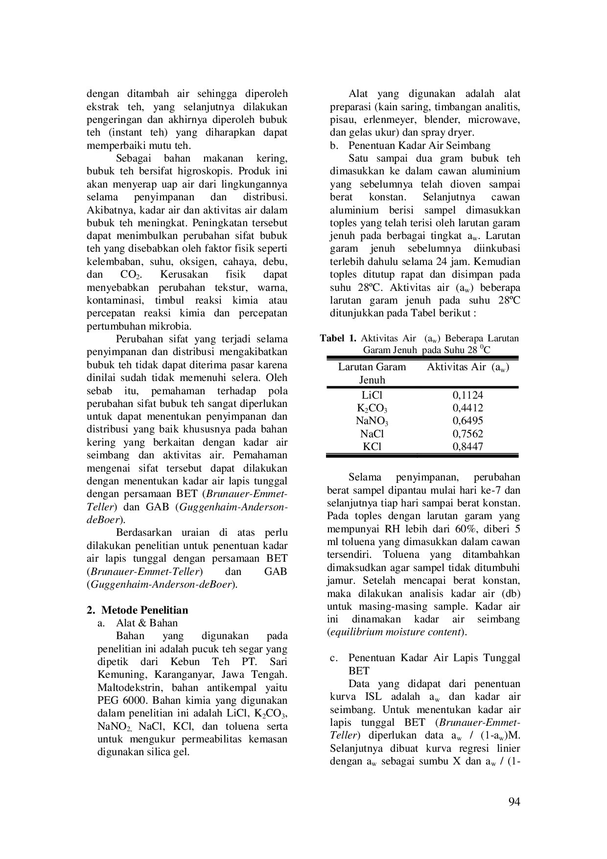 JURIS PENENTUAN KADAR AIR LAPIS TUNGGAL MENGGUNAKAN PERSAMAAN BRUNAUER EMMETT TELLER BET DAN GUGGENHAIM ANDERSON deBOER GAB PADA BUBUK TEH