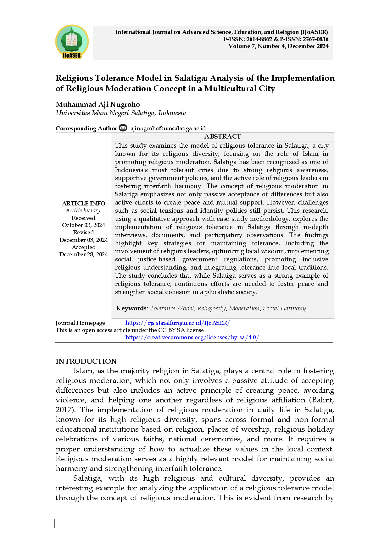 juris Religious Tolerance Model in Salatiga Analysis of the Implementation of Religious Moderation Concept in a Multicultural City