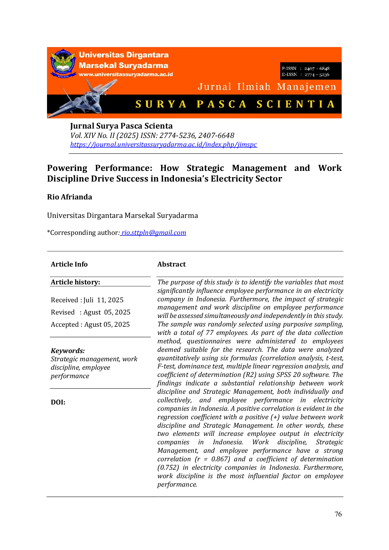 JURIS The Influence of Strategic Management and Work Discipline on Employee Performance at an Electricity Company in Indonesia