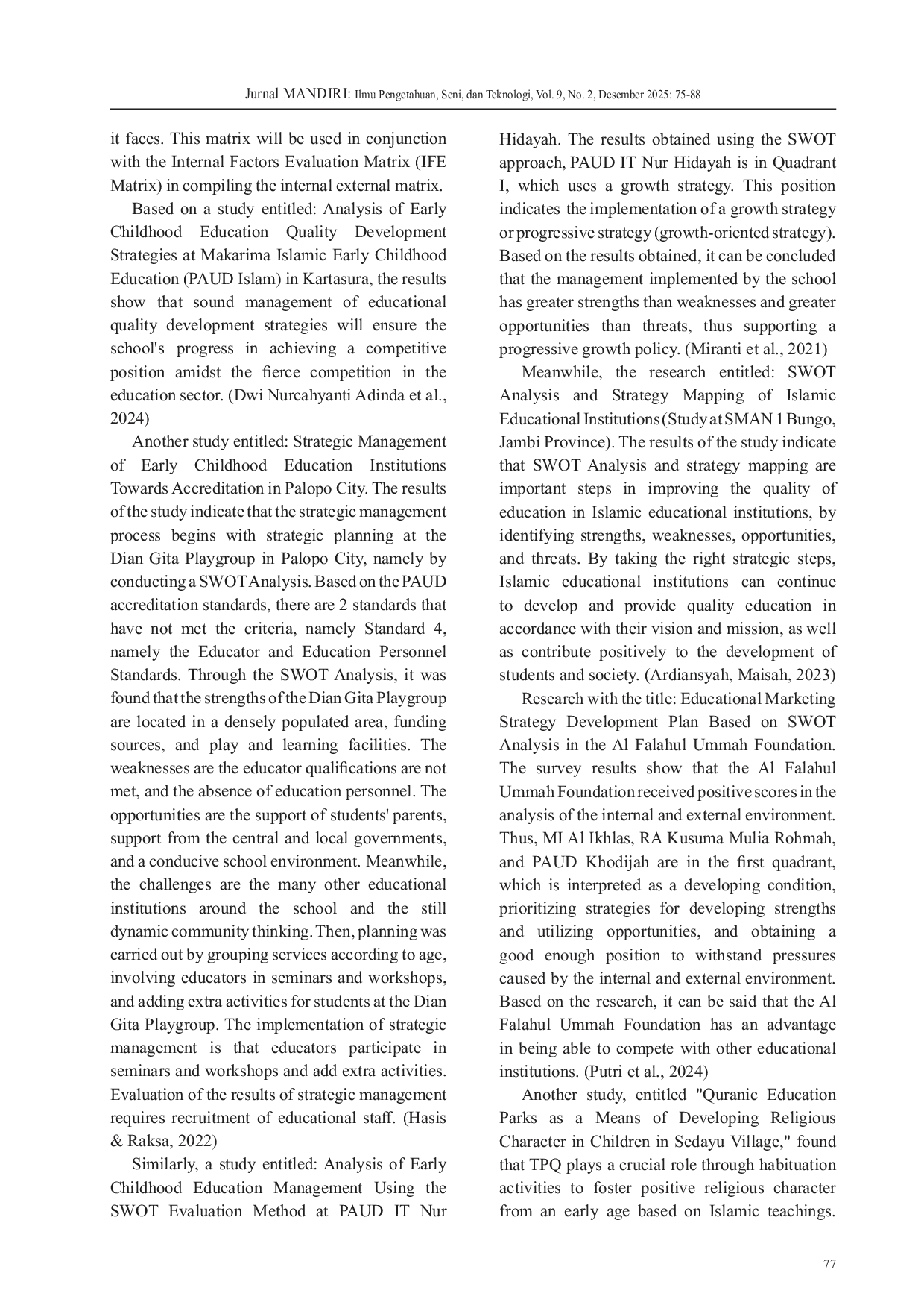 JURIS SWOT Analysis of the Muhammad Sholahuddin Albimawi Education Foundation South Tangerang City