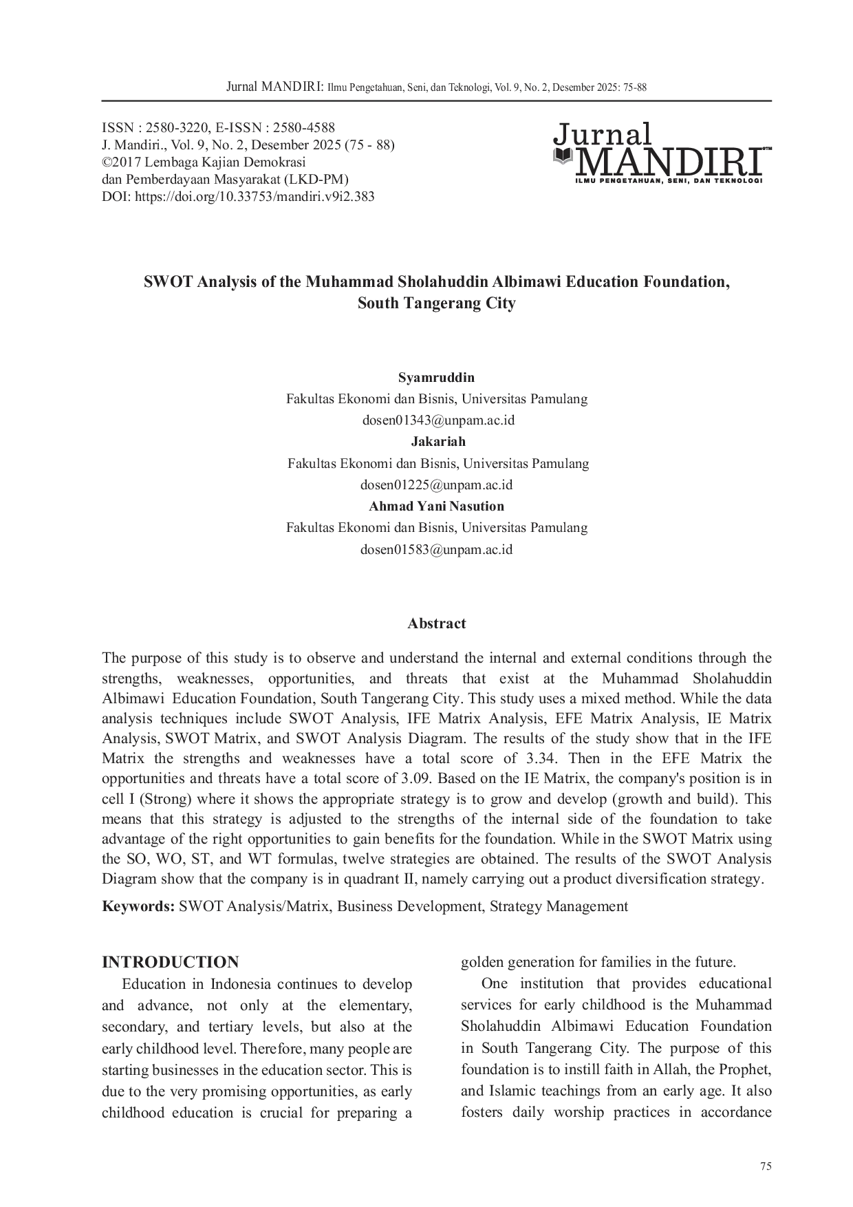 JURIS SWOT Analysis of the Muhammad Sholahuddin Albimawi Education Foundation South Tangerang City