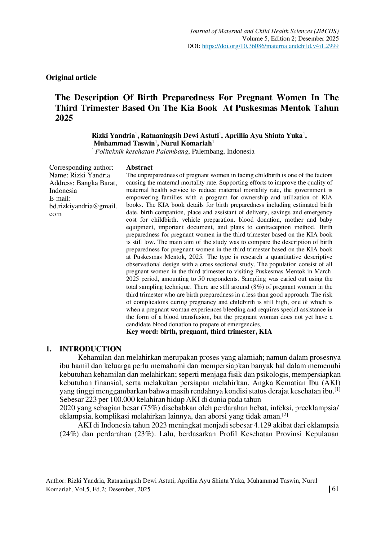 JURIS The Description Of Birth Preparedness For Pregnant Women In The Third Trimester Based The KIA Book at Mentok Public Health Center 2025