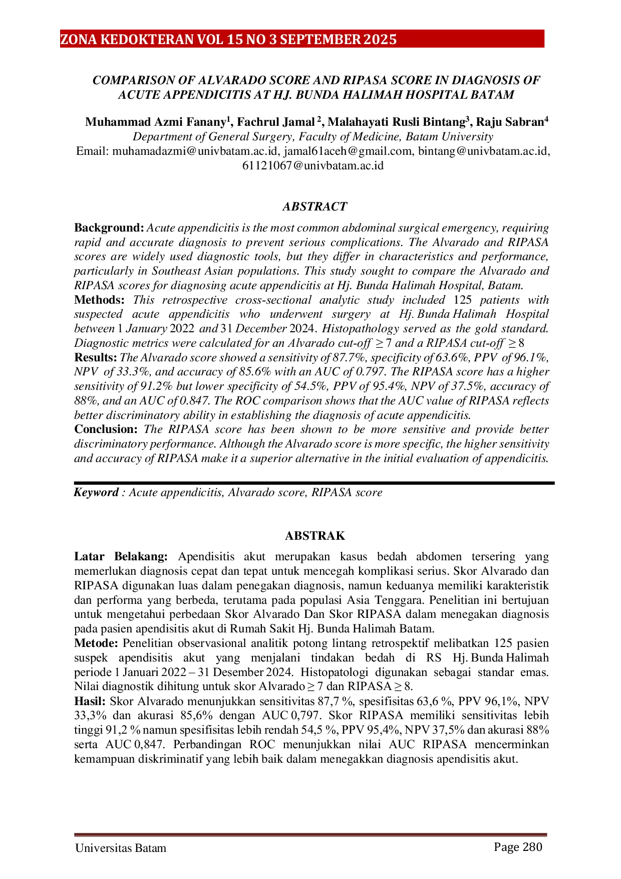 JURIS Comparison Of Alvarado Score And Ripasa Score In Diagnosis Of Acute Appendicitis At Hj Bunda Halimah Hospital Batam
