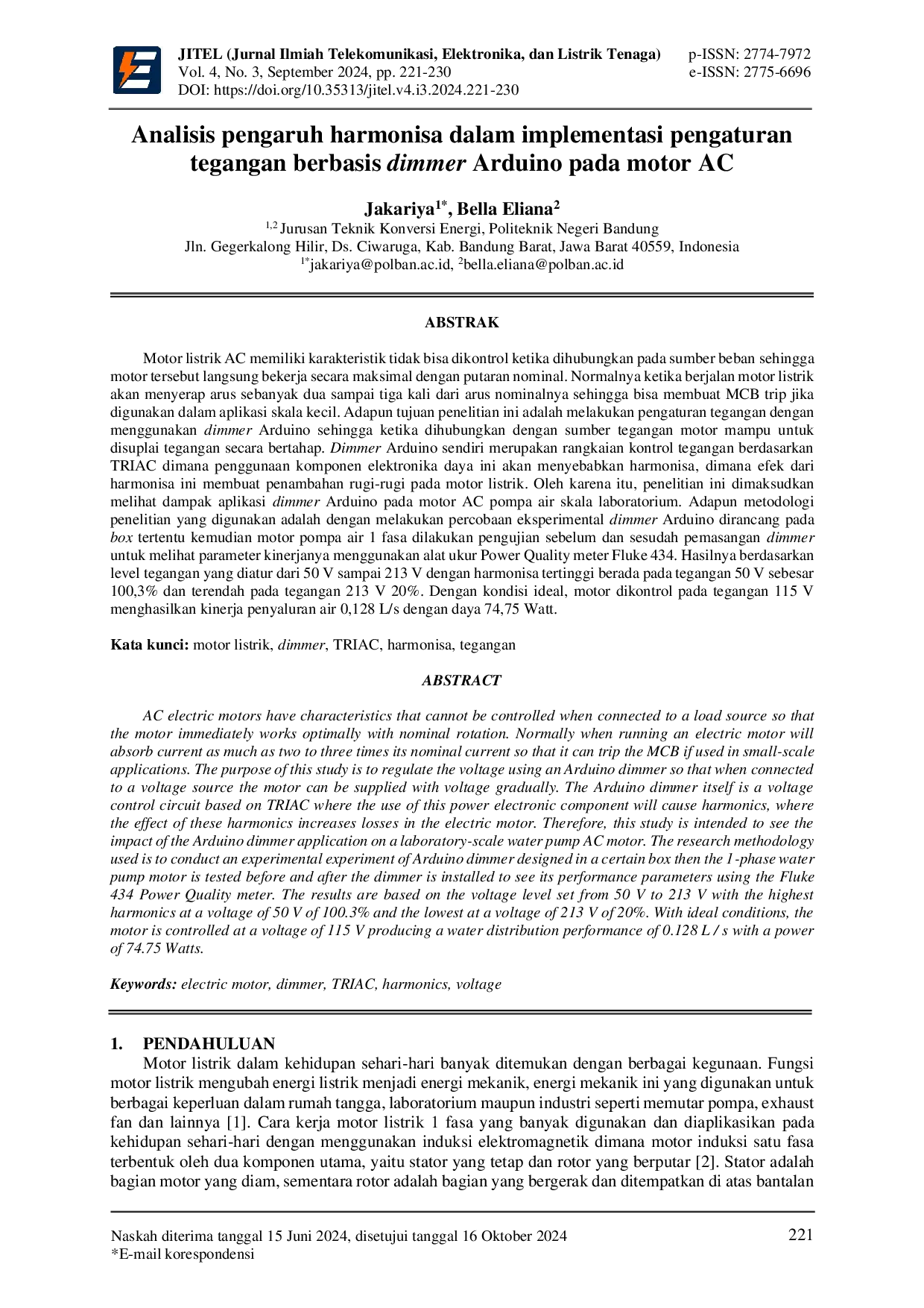 JURIS Analisis pengaruh harmonisa dalam implementasi pengaturan tegangan berbasis dimmer Arduino pada motor AC