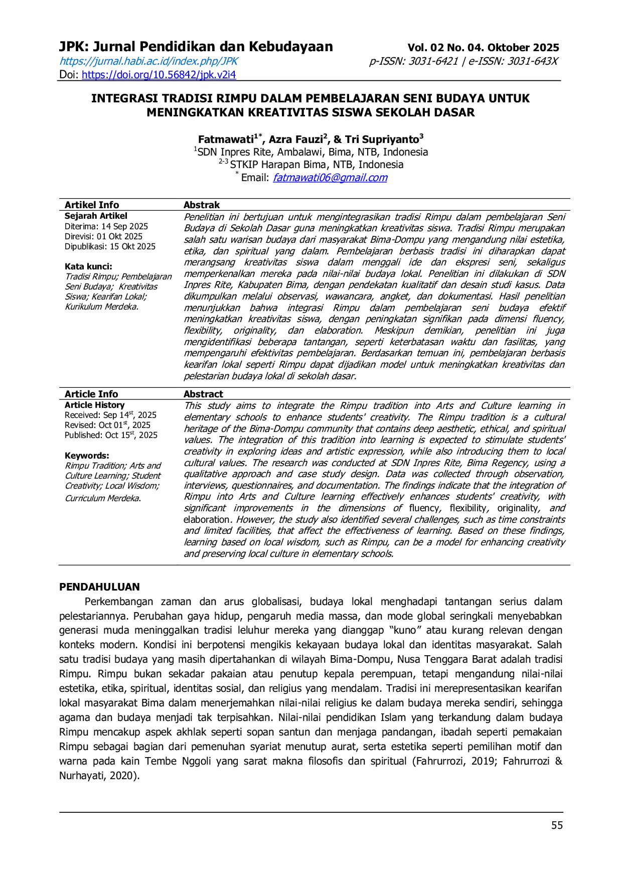 JURIS Integrasi Tradisi Rimpu dalam Pembelajaran Seni Budaya untuk Meningkatkan Kreativitas Siswa Sekolah Dasar