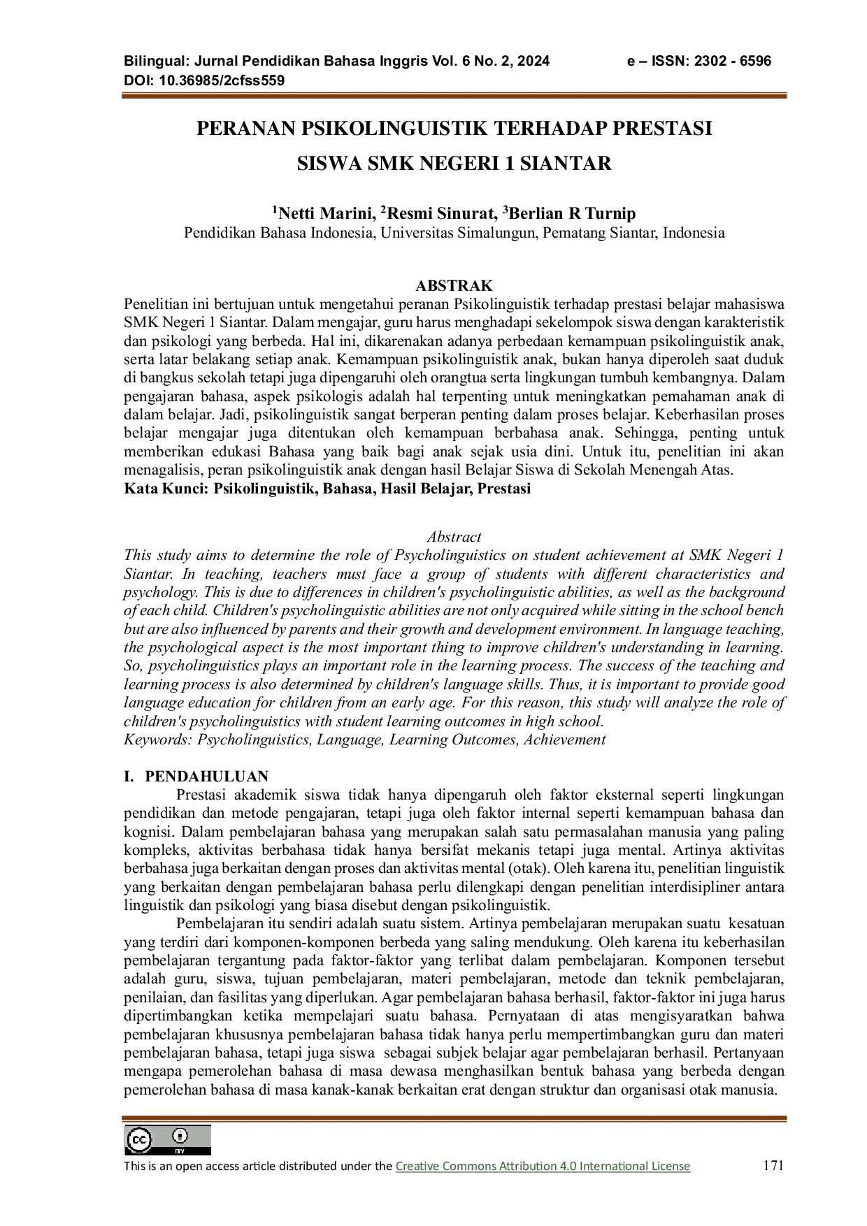 JURIS Peranan Psikolinguistik Terhadap Prestasi Siswa SMK Negeri 1 Siantar