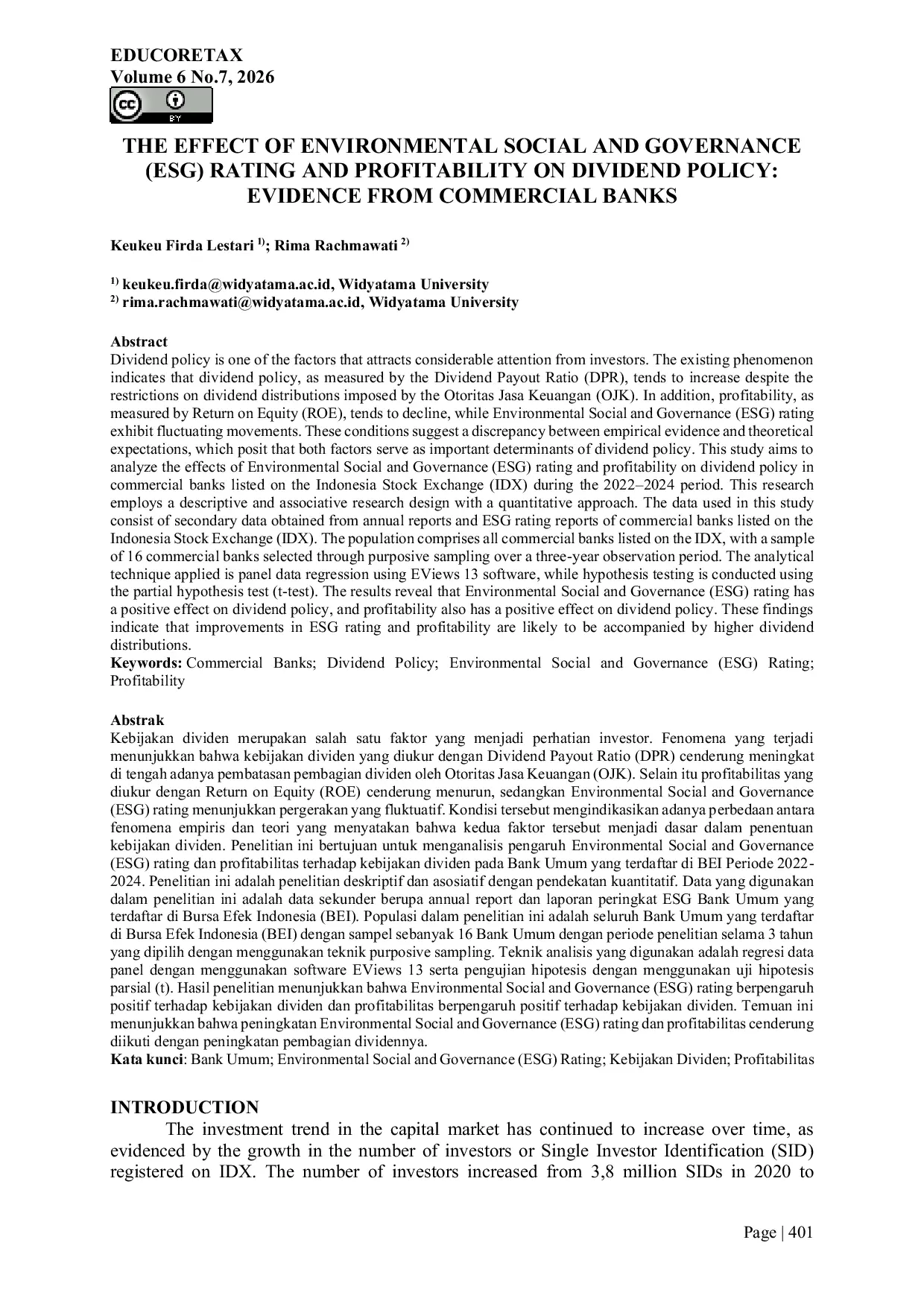 JURIS The Effect of Environmental Social and Governance ESG Rating and Profitability on Dividend Policy Evidence from Commercial Banks