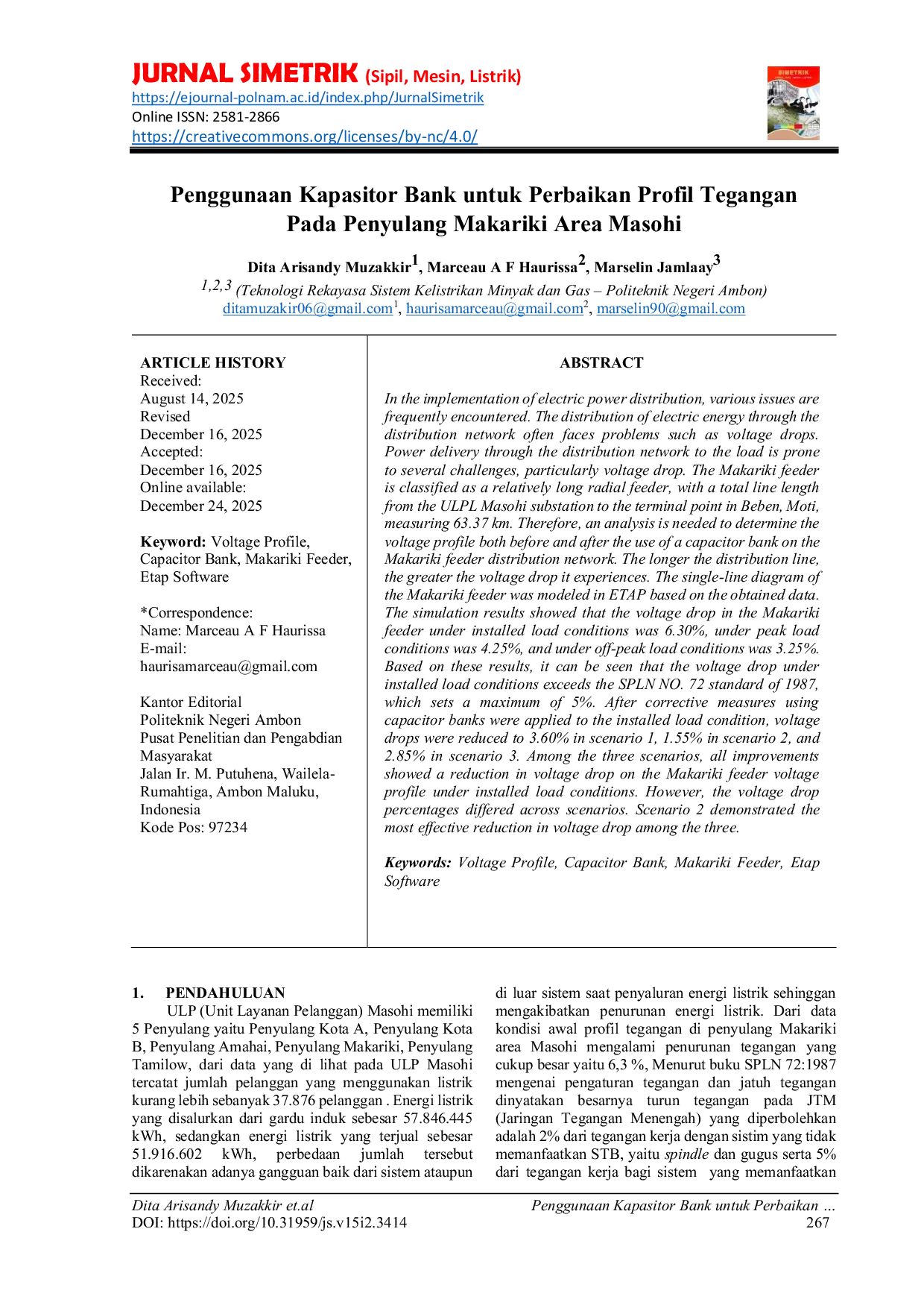 JURIS Penggunaan Kapasitor Bank untuk Perbaikan Profil Tegangan Pada Penyulang Makariki Area Masohi