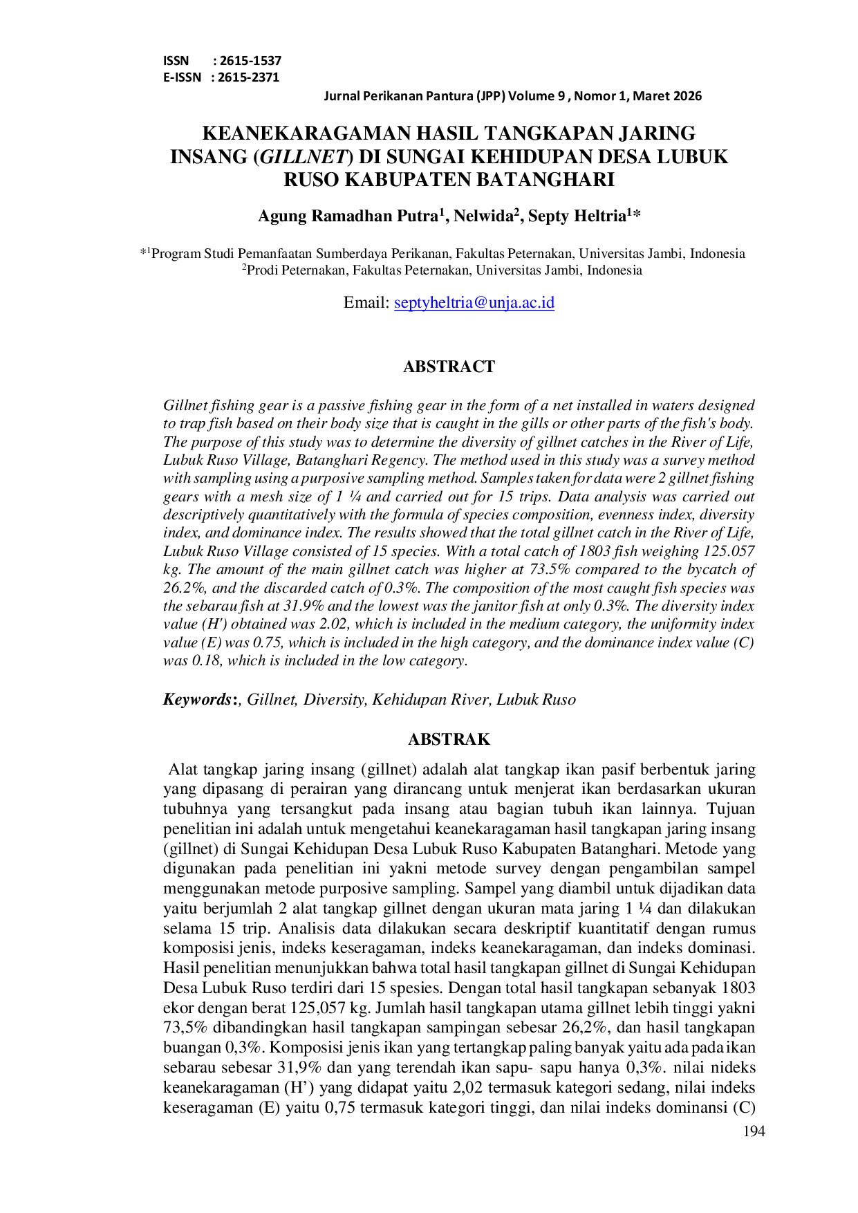 JURIS Keanekaragaman Hasil Tangkapan Jaring Insang Gillnet di Sungai Kehidupan Desa Lubuk Ruso Kabupaten Batanghari