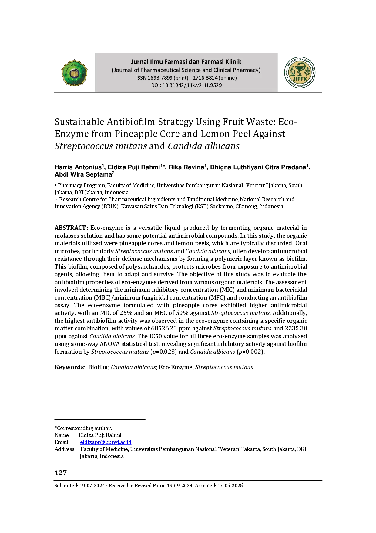 juris Sustainable Antibiofilm Strategy Using Fruit Waste Eco Enzyme from Pineapple Core and Lemon Peel Against Streptococcus mutans and Candida albicans