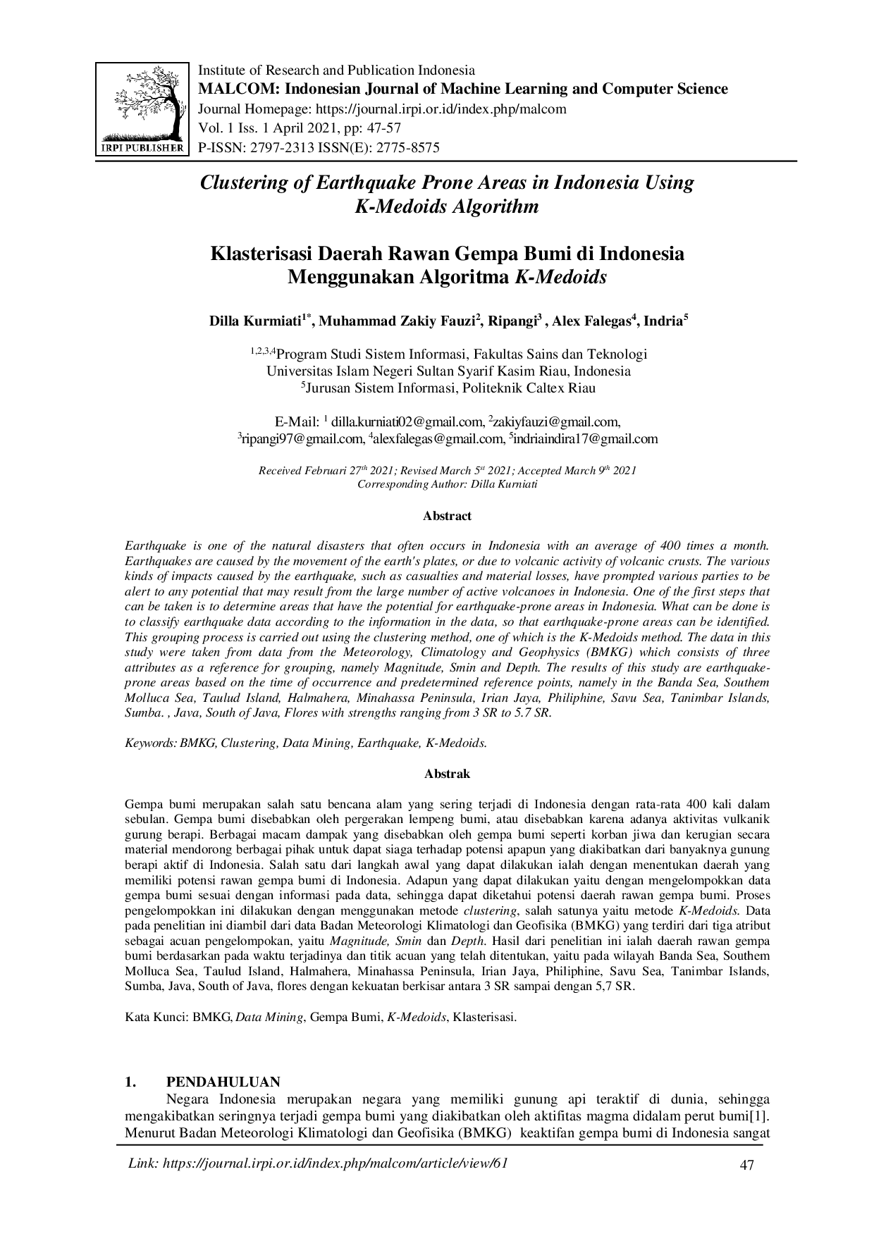 juris Klasterisasi Daerah Rawan Gempa Bumi di Indonesia Menggunakan Algoritma K Medoids