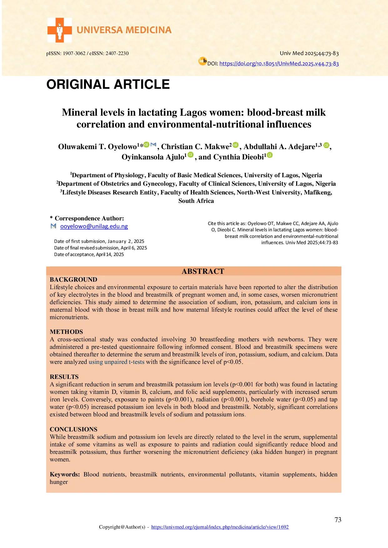 JURIS Mineral levels in lactating Lagos women blood breast milk correlation and environmental nutritional influences