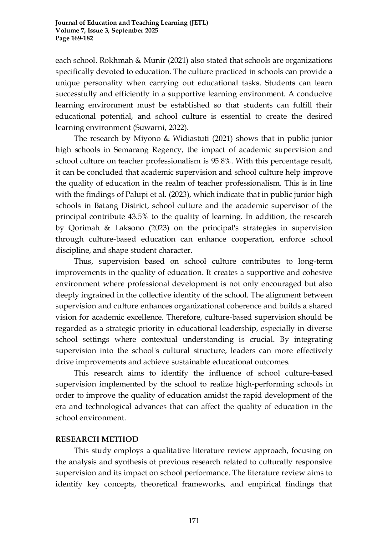 JURIS Culturally Based School Supervision A Literature Review on Its Impact in Realizing High Performing Schools
