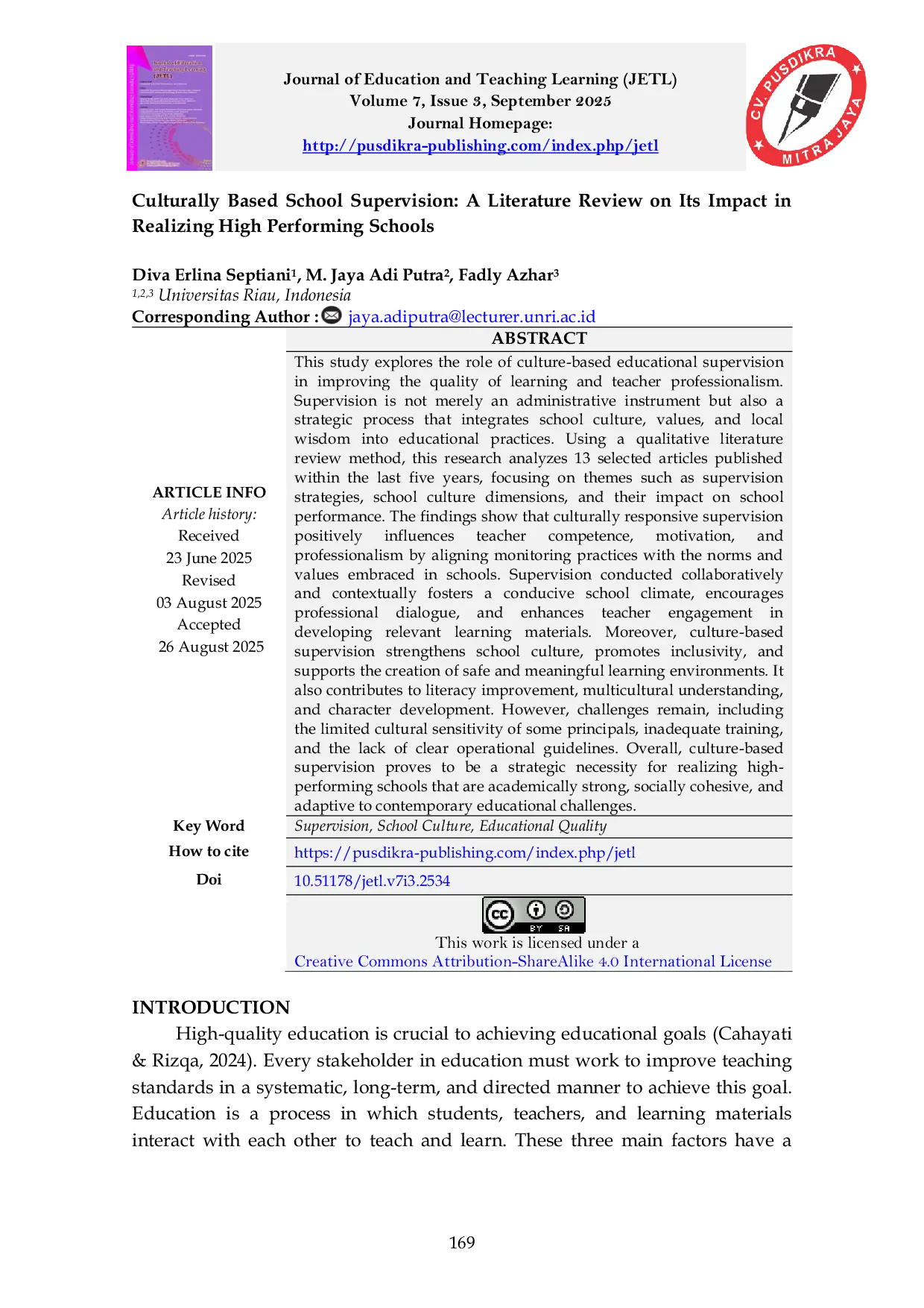 JURIS Culturally Based School Supervision A Literature Review on Its Impact in Realizing High Performing Schools