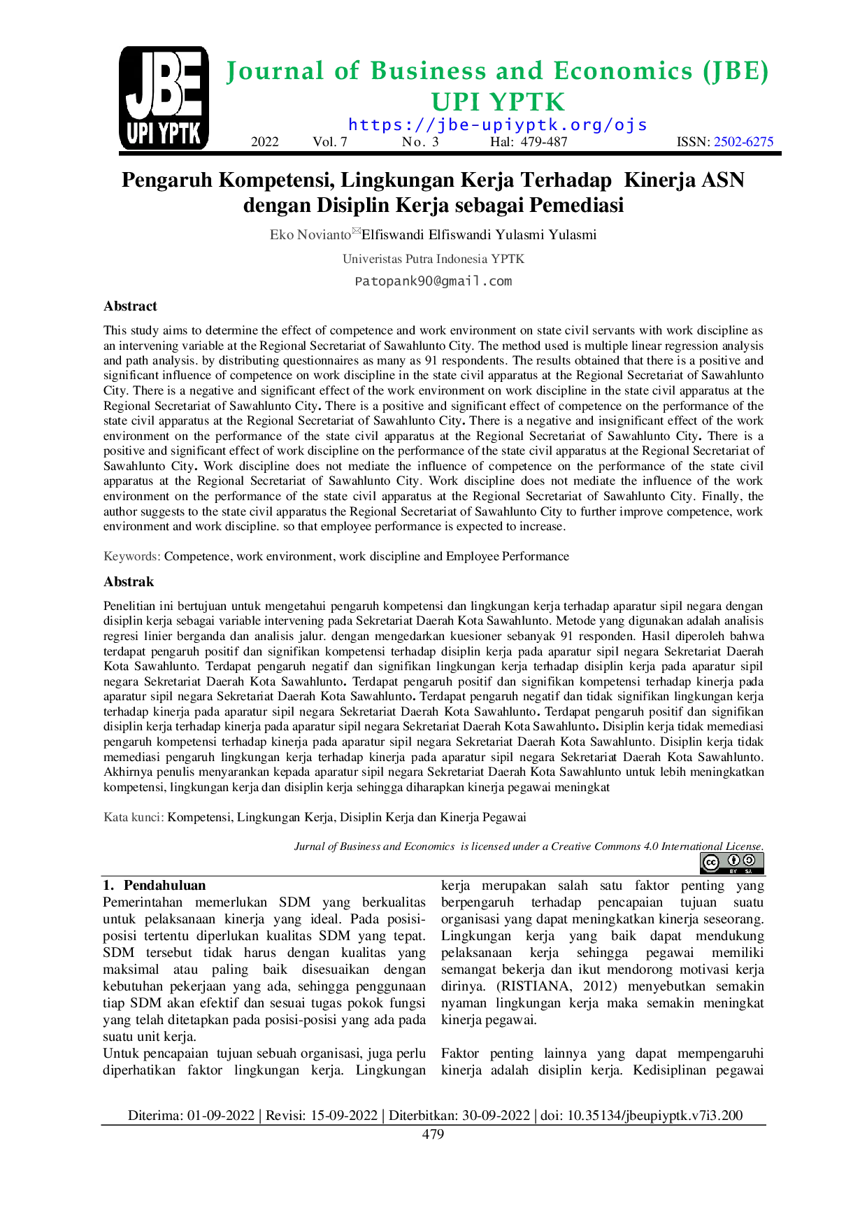 JURIS Pengaruh Kompetensi Lingkungan Kerja Terhadap Kinerja ASN dengan Disiplin Kerja sebagai Pemediasi