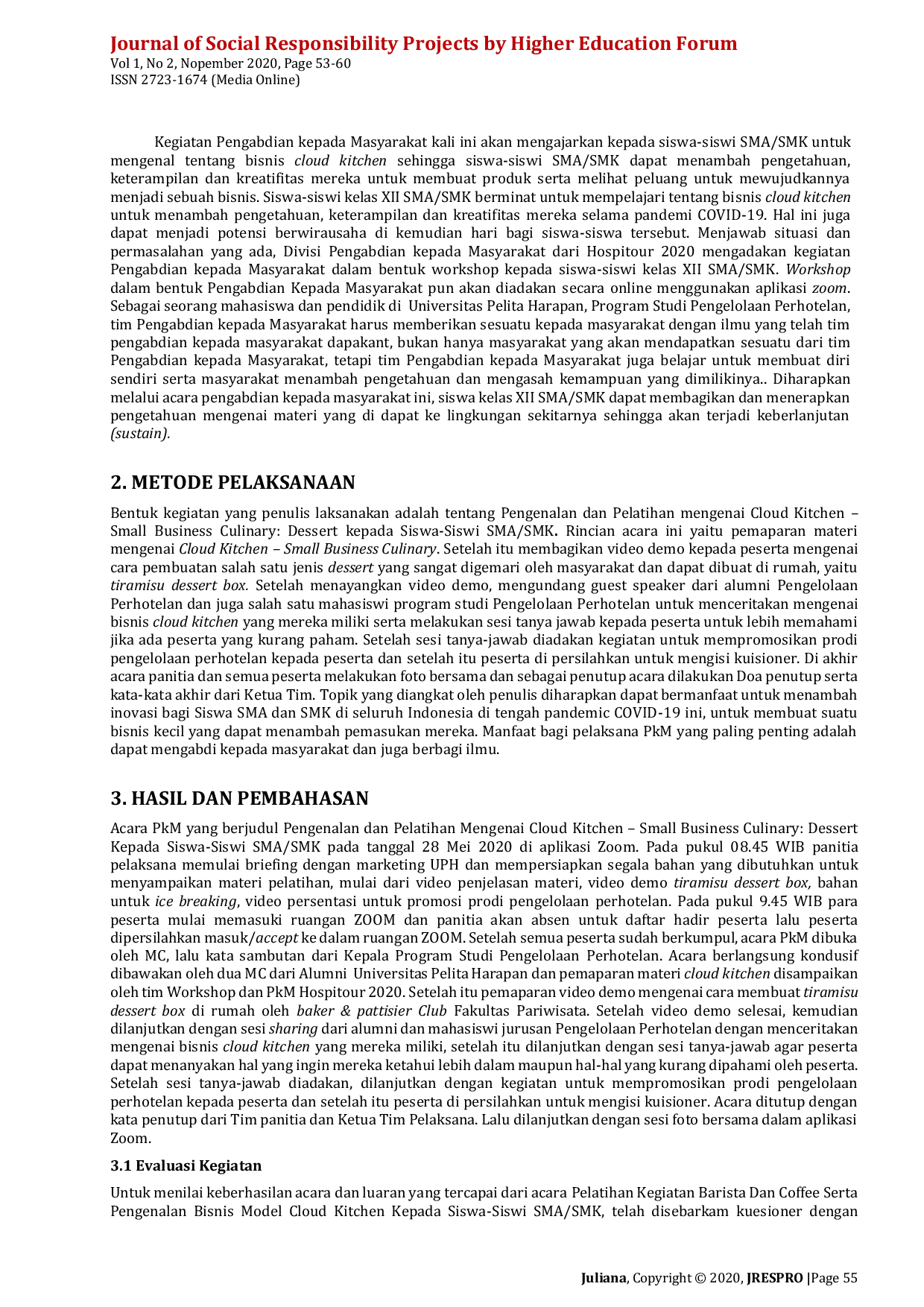 JURIS Pengenalan dan Pelatihan Mengenai Cloud Kitchen Small Business Culinary Dessert Kepada Siswa Siswi SMA SMK