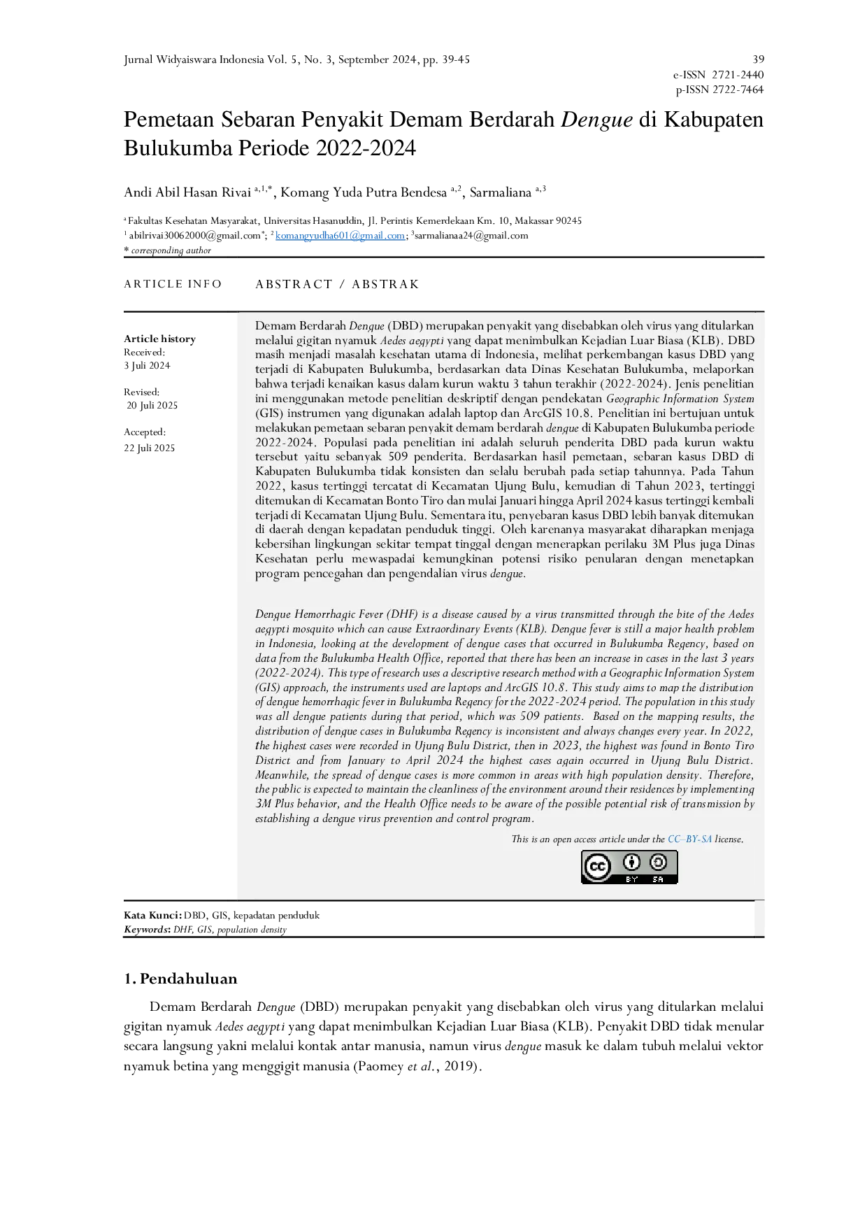 JURIS Pemetaan Sebaran Penyakit Demam Berdarah Dengue di Kabupaten Bulukumba Periode 2022 2024