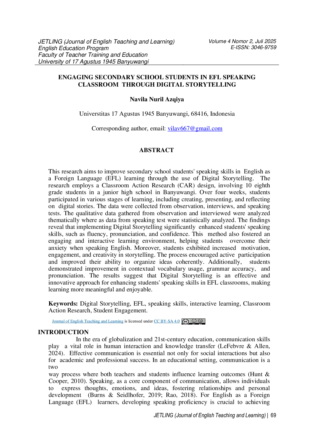 JURIS Engaging Secondary School Students In Efl Speaking Classroom Through Digital Storytelling