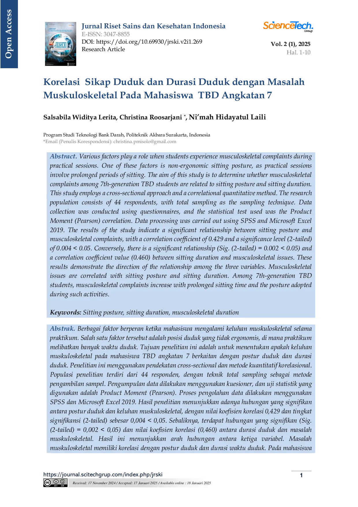 JURIS Korelasi Sikap Duduk dan Durasi Duduk dengan Masalah Muskuloskeletal Pada Mahasiswa TBD Angkatan 7