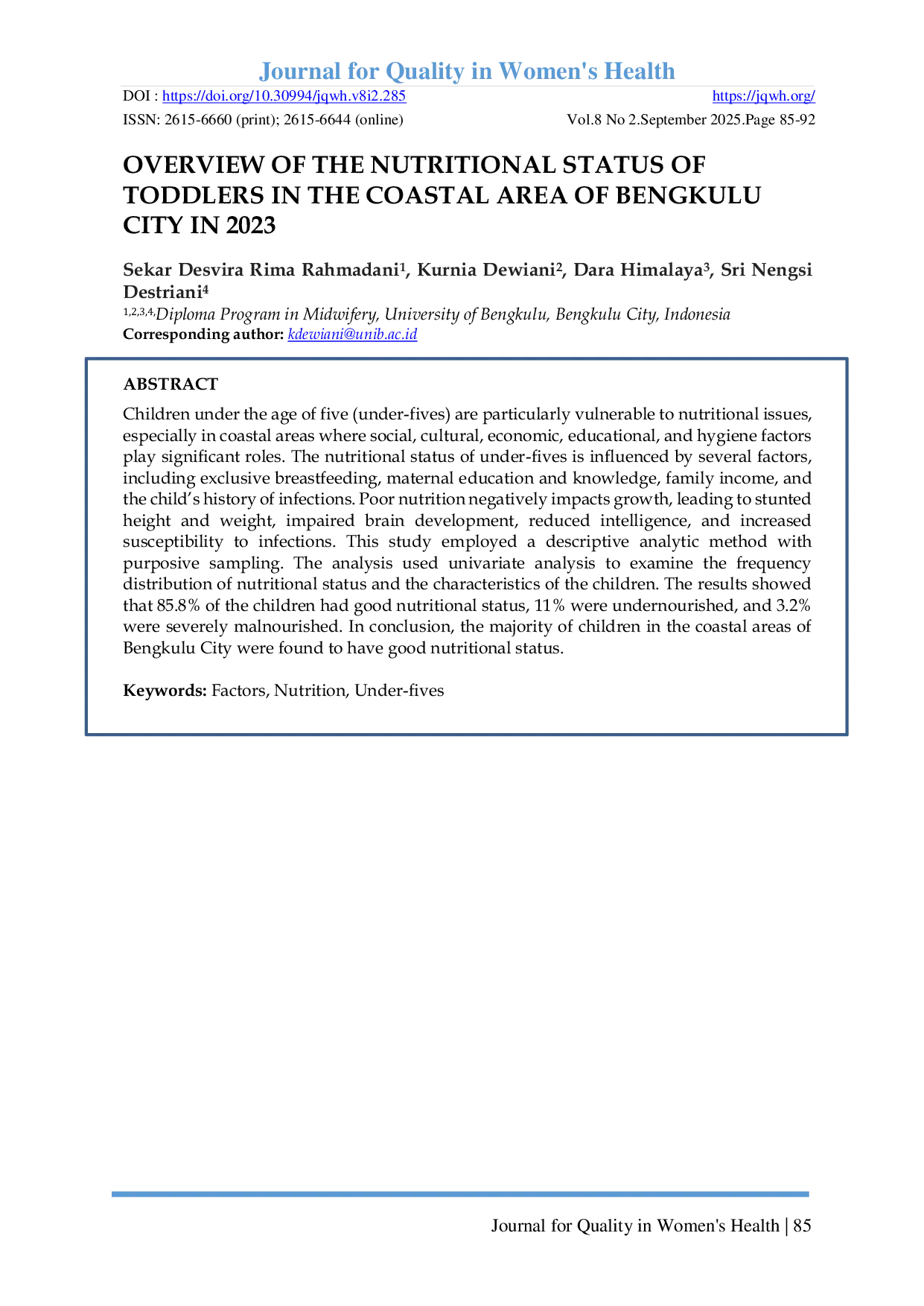 JURIS Overview of the Nutritional Status of Toddlers in the Coastal Area of Bengkulu City in 2023