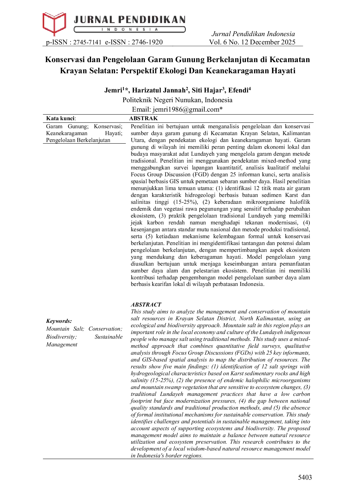 JURIS Konservasi dan Pengelolaan Garam Gunung Berkelanjutan di Kecamatan Krayan Selatan Perspektif Ekologi Dan Keanekaragaman Hayati