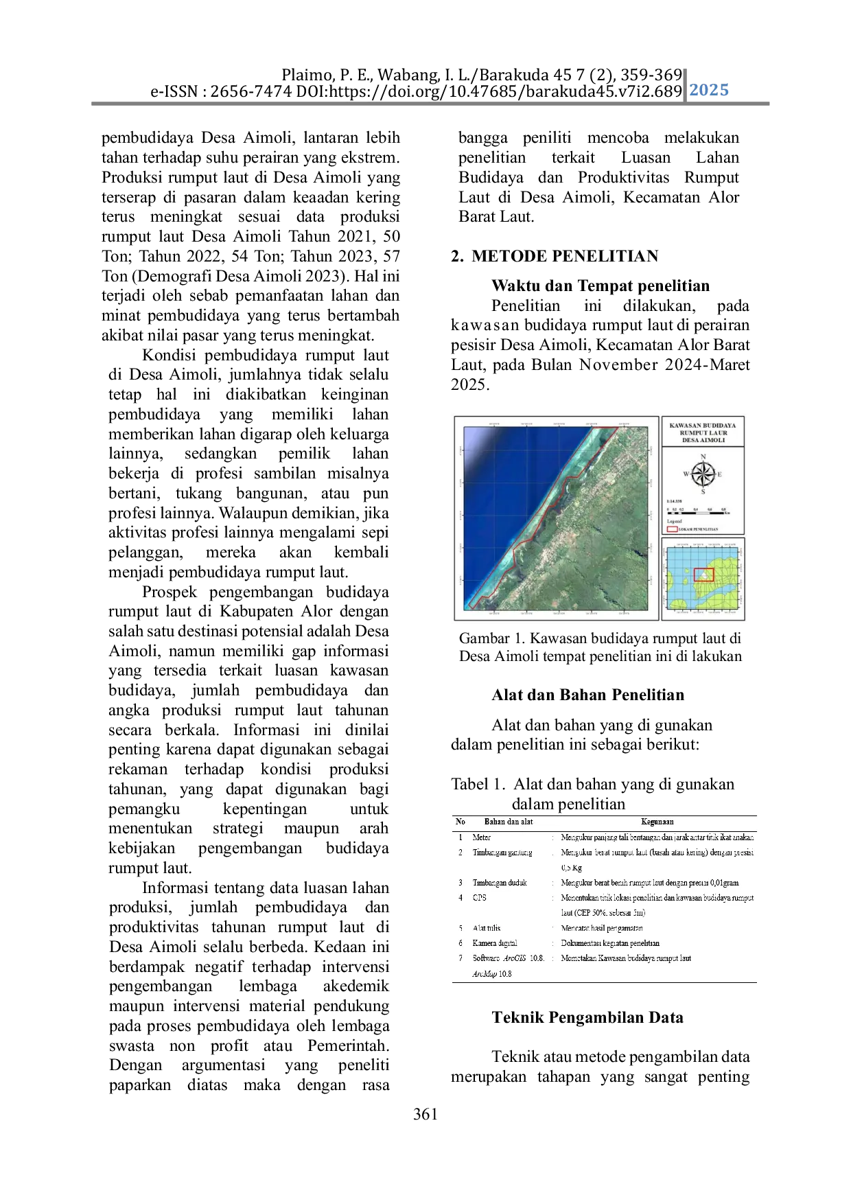 JURIS Analysis of the Cultivation Area and Production Volume of Seaweed Kappaphycus striatum in Aimoli Village West Alor District