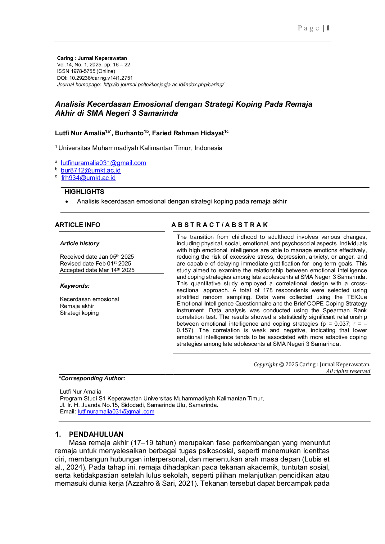 JURIS Analisis Kecerdasan Emosional dengan Strategi Koping Pada Remaja Akhir di SMA Negeri 3 Samarinda