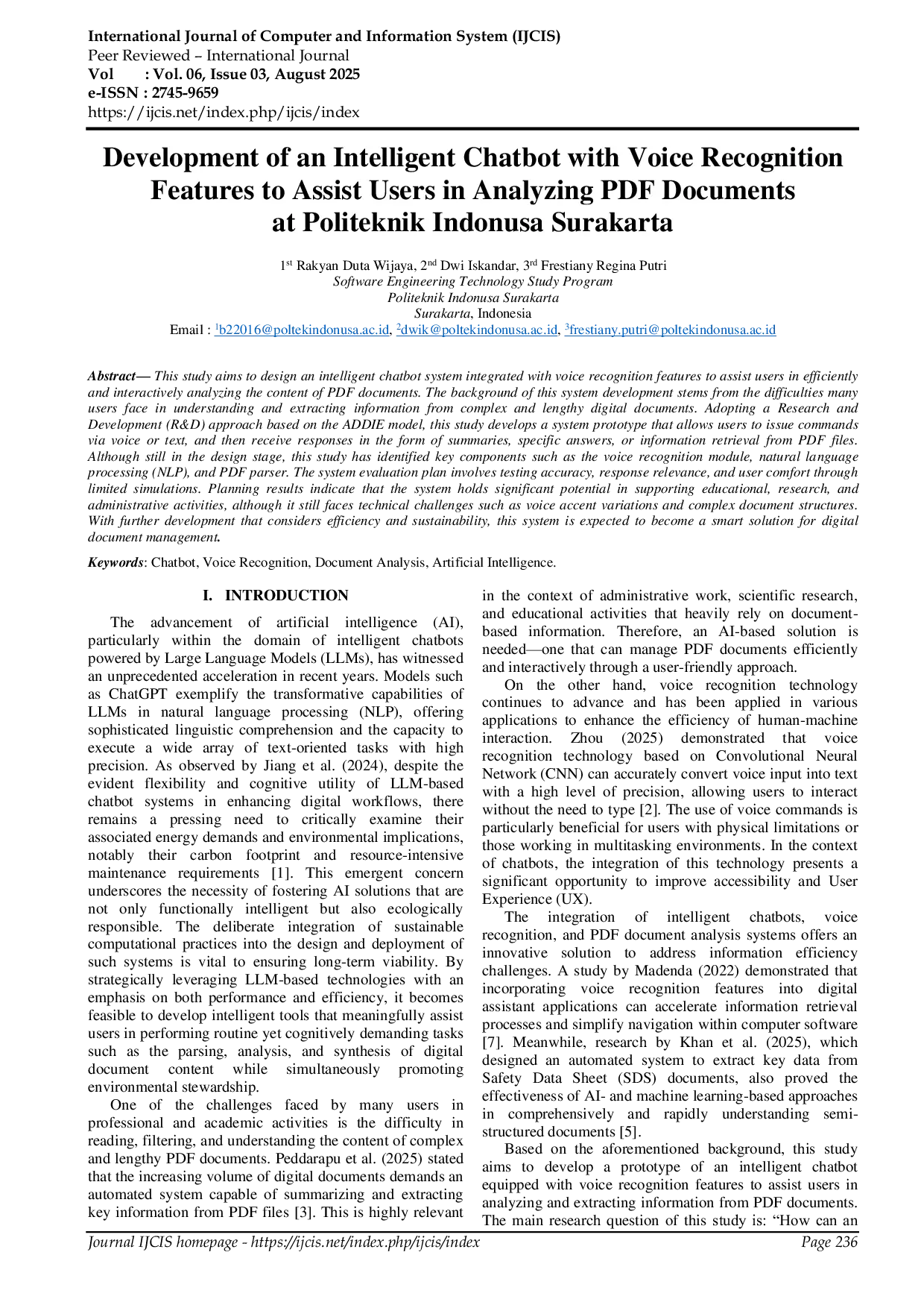 JURIS Development of an Intelligent Chatbot with Voice Recognition Features to Assist Users in Analyzing PDF Documents at Politeknik Indonusa Surakarta